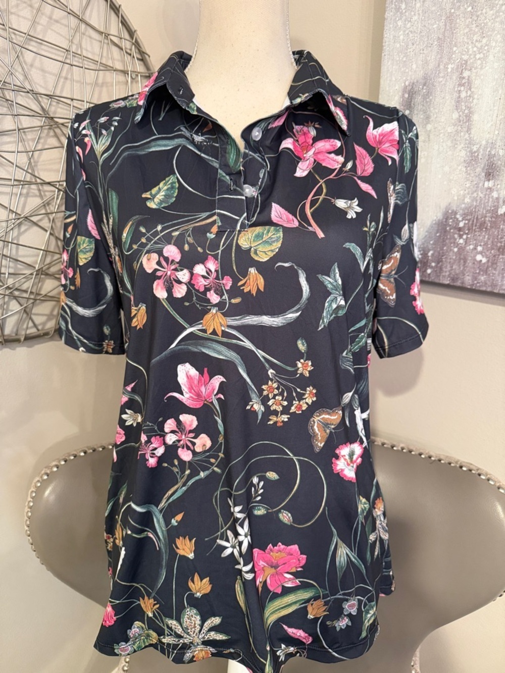 Floral Print Polo Top - Charcoal Grey with Pink Blooms